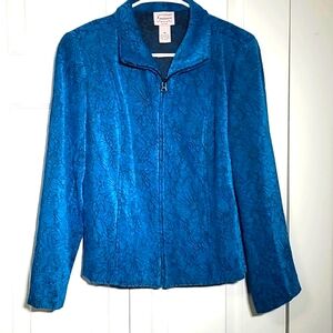 Renaissance Teal with Black Floral Design Blazer Jacket, Petite Medium, EUC